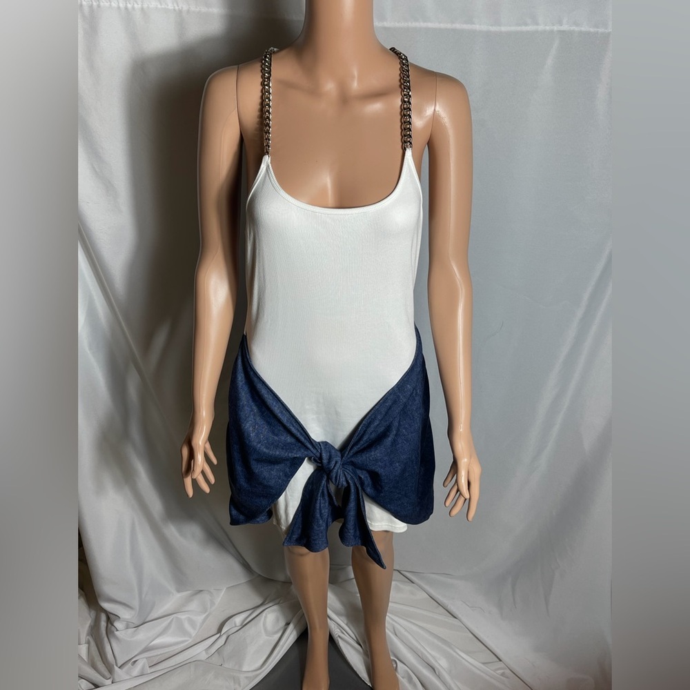 White Mini Dress with Chain Straps and Denim Tie Detail